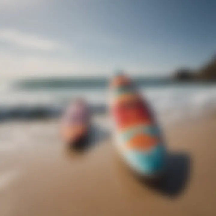 A collection of hydrofoil surfboards displayed on a beach, emphasizing variety and style.