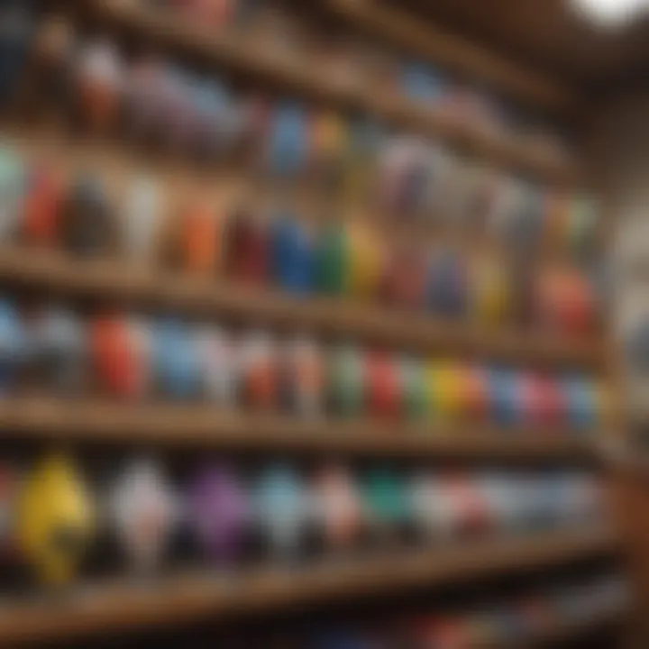 A close-up view of various kite types displayed in a shop