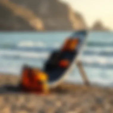 Efoil Safety Equipment Safety gear and efoil board setup by the shoreline