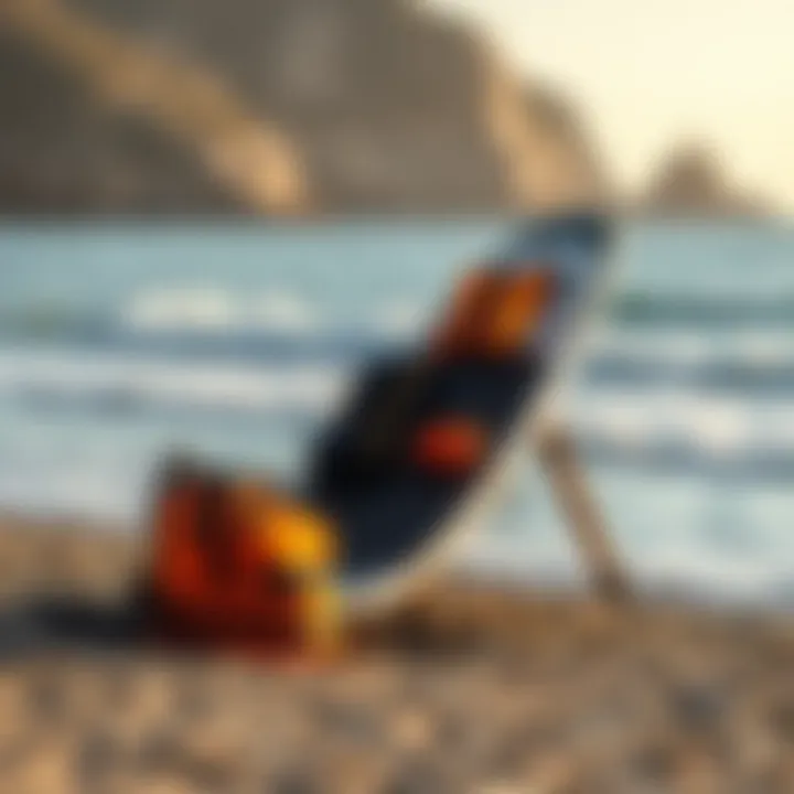 Efoil Safety Equipment Safety gear and efoil board setup by the shoreline