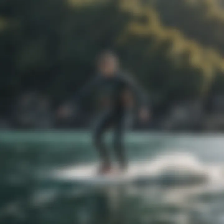 A person practicing foil boarding on calm waters