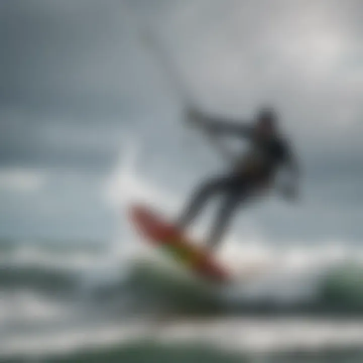 An expert kiteboarder navigating through strong gusts with precision