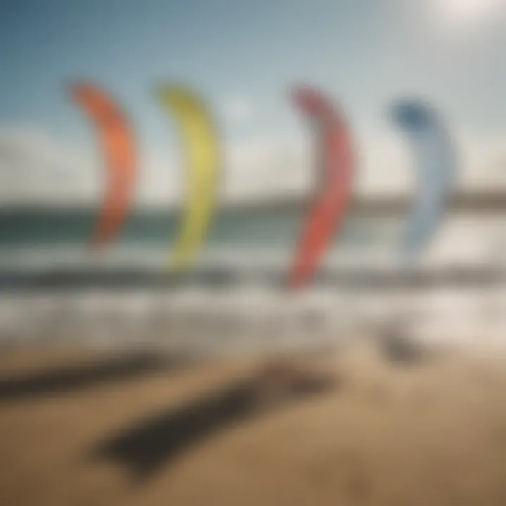 A diverse range of Cabrinha kite models displayed on the beach