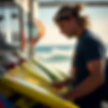 Choosing Cabrinha Gear During Sales Kiteboarding enthusiast selecting Cabrinha gear at a sale event