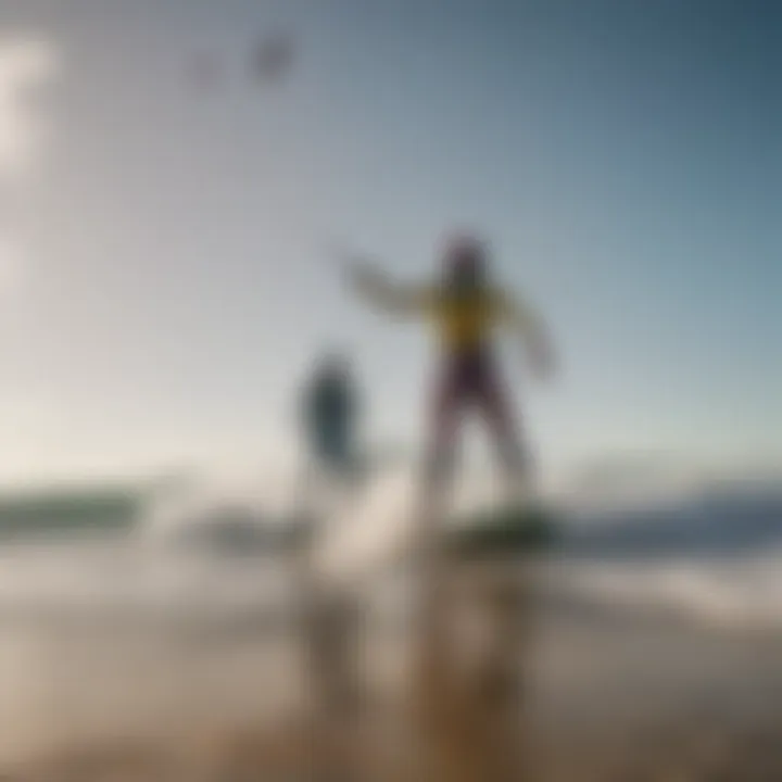 Group of kiteboarders in colourful wetsuits celebrating on the beach