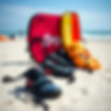 Essential Gear for Kiteboarding Enthusiasts Kiteboarding gear laid out on the sandy shore ready for adventure