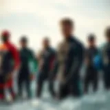 Diverse Wetsuit Options for Different Water Conditions A selection of wetsuits in various thicknesses and styles