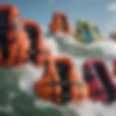 Diverse Life Jackets for Optimal Water Safety Close-up of various life jackets designed for water sports