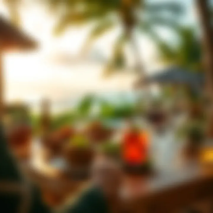 Gourmet dining setup with tropical ambiance