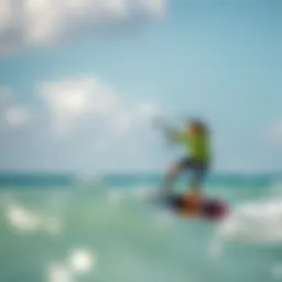 A scenic view of Coconut Bay capturing vibrant kiteboarding action against a clear blue sky.
