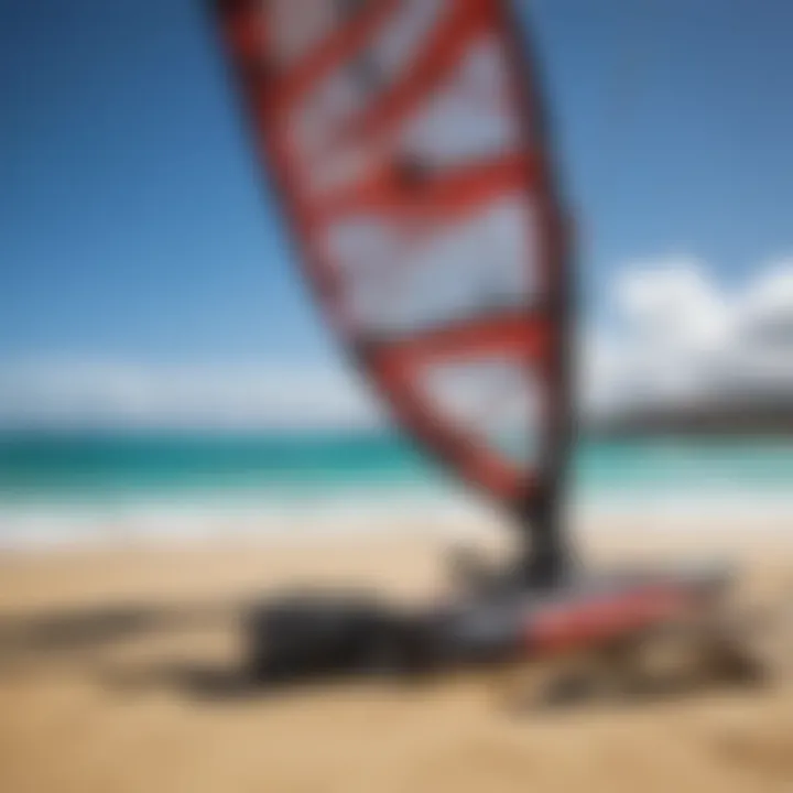 Essential kiteboarding gear displayed neatly on the beach