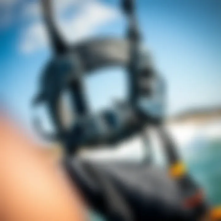 Harness Features and Adjustments Close-up view of a kitesurfing harness showcasing its features and adjustments