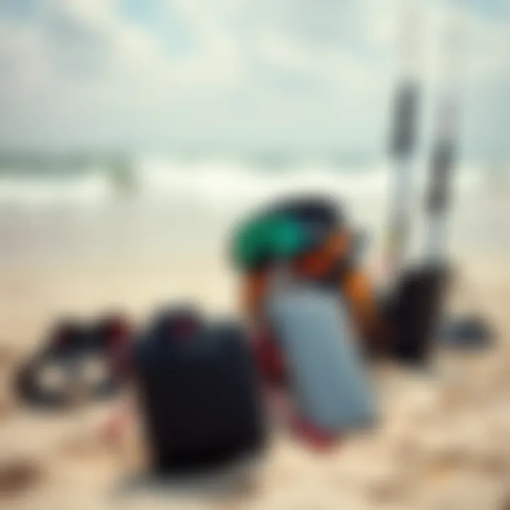 High-quality kiteboarding equipment displayed on a sandy beach