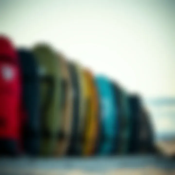 Various types of kitesurf board bags lined up