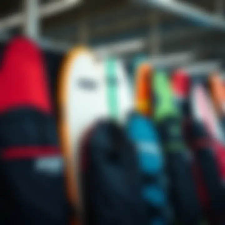 Variety of Kitesurf Board Bag Types Different types of kitesurf board bags on display