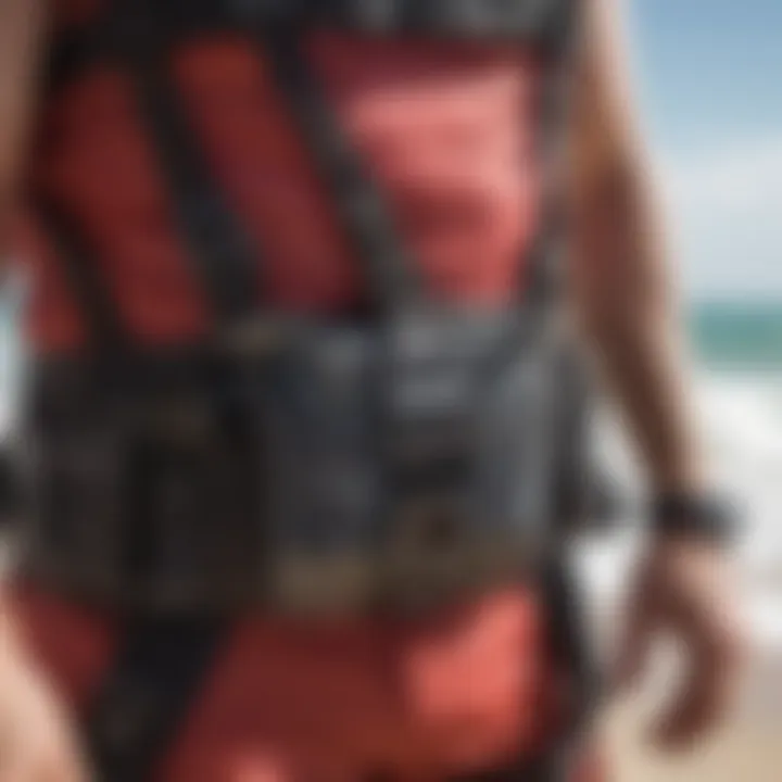 Close-up of a kitesurf waist harness with adjustable features