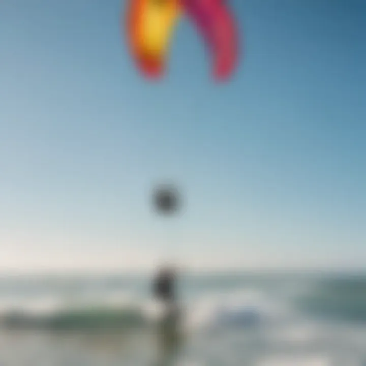 Vibrant kitesurfing action on a sunny beach with colorful kites in the sky