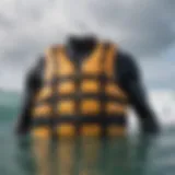 Close-up of a high-quality surf flotation vest showcasing its stitching and material