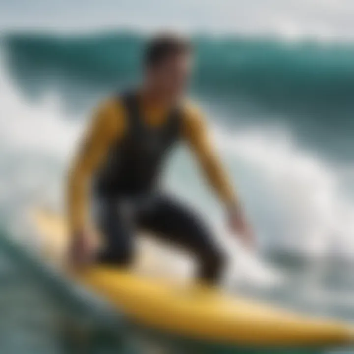 A surfer wearing a flotation vest while riding a wave