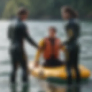 An instructor providing guidance to a student on the water