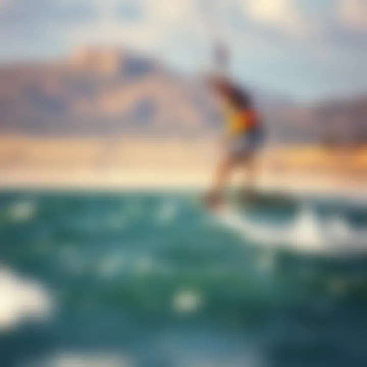 Kiteboarder soaring above water with foil board