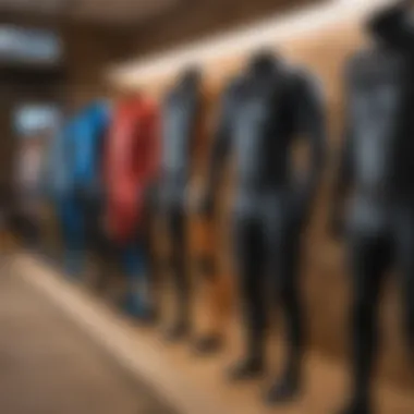 A variety of wetsuits displayed to highlight different designs and colors