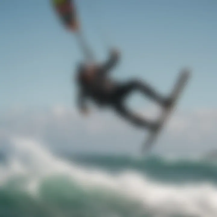 A stunning kiteboarding action shot showcasing a rider in mid-air above the ocean waves.