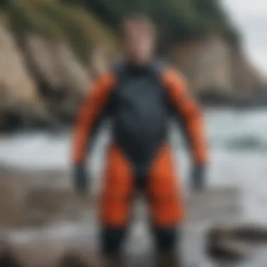 Drysuit displayed on a rocky beach