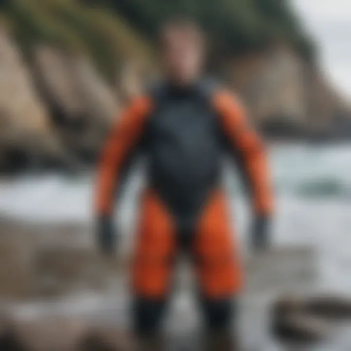 Drysuit displayed on a rocky beach