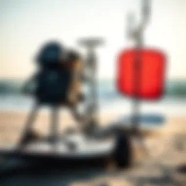 Close-up of kiteboard equipment setup on the beach