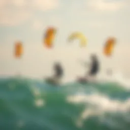 Kiteboard training session with vibrant kites in the sky