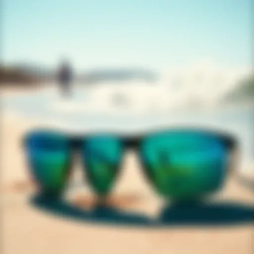Sunglasses Designed for Kitesurfing Kitesurfing sunglasses on a beach with waves