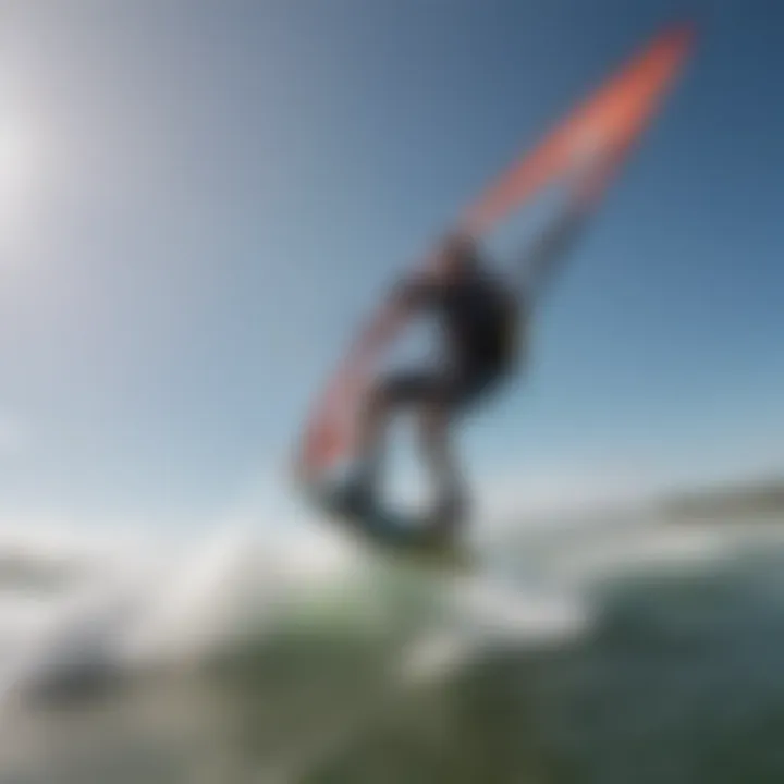 Kite surfer showcasing shoes while riding the waves