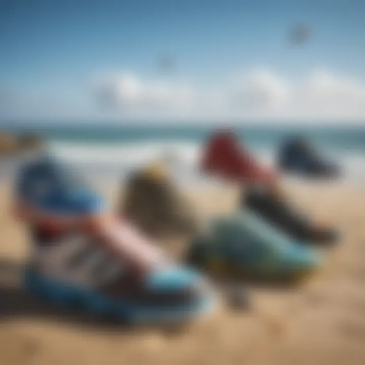 A variety of kite surfing shoes displayed against a beach backdrop