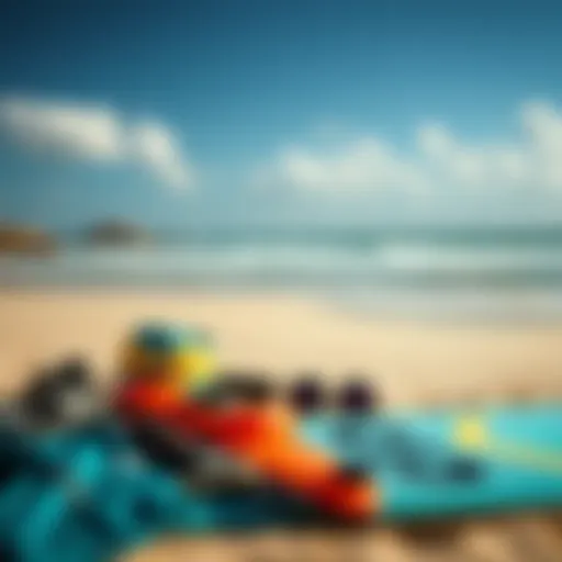 Essential kiteboarding gear laid out on a beach