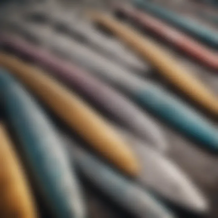 An array of different foil surfboards displayed, highlighting various materials and shapes.