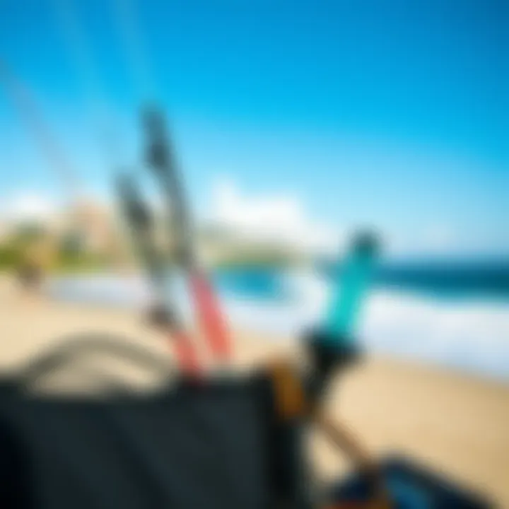 Kiteboarding Equipment with Cabarete Coastline Close-up of kiteboarding equipment set against the backdrop of Cabarete's stunning coastline.