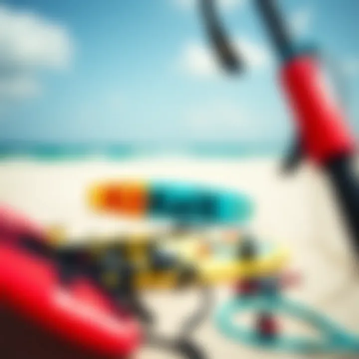 Kiteboarding gear laid out on the sandy beach ready for use
