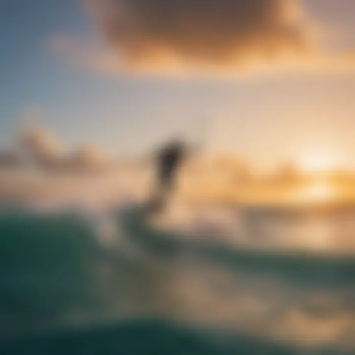 Kiteboarders gracefully navigating the waves during a vibrant sunset