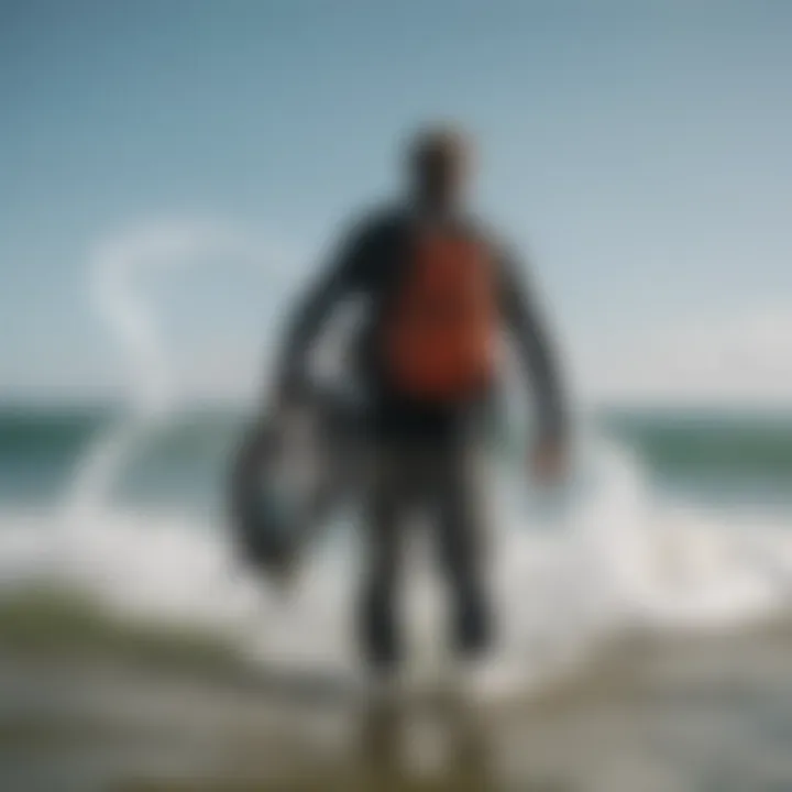 A kiteboarder using a Dakine bag while preparing for a session on the water.