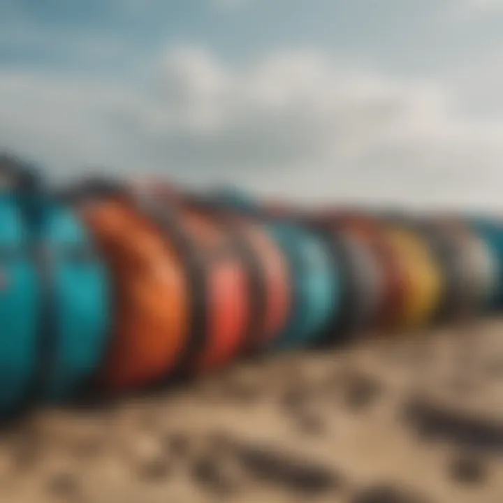 A range of Dakine bags lined up on a sandy beach, showcasing their vibrant colors and designs.