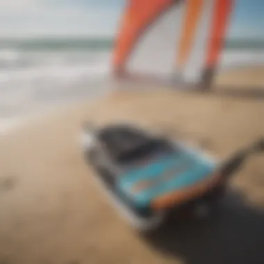 Kiteboarding equipment arranged neatly on the beach