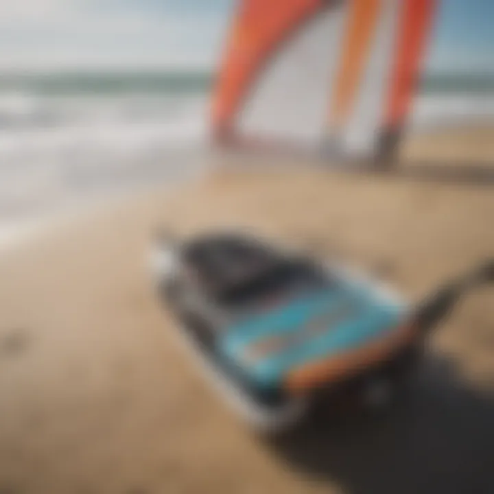 Kiteboarding equipment arranged neatly on the beach