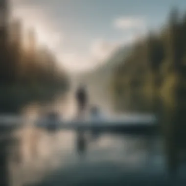 A group of enthusiasts enjoying an electric efoil experience on a beautiful lake surrounded by nature.