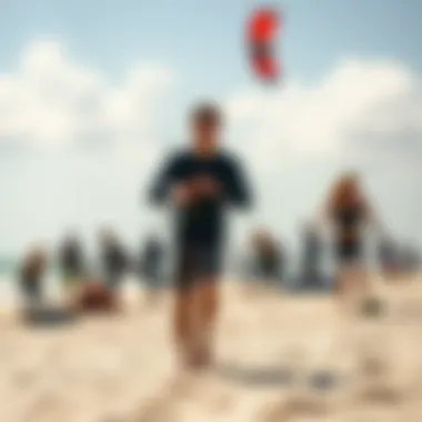 A vibrant beach scene showcasing kiteboarding enthusiasts