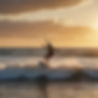 Kiteboarder launching into the waves against a scenic sunset