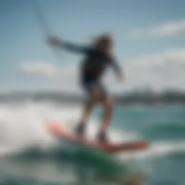 A kiteboarder expertly maneuvering a hydrofoil board on the water