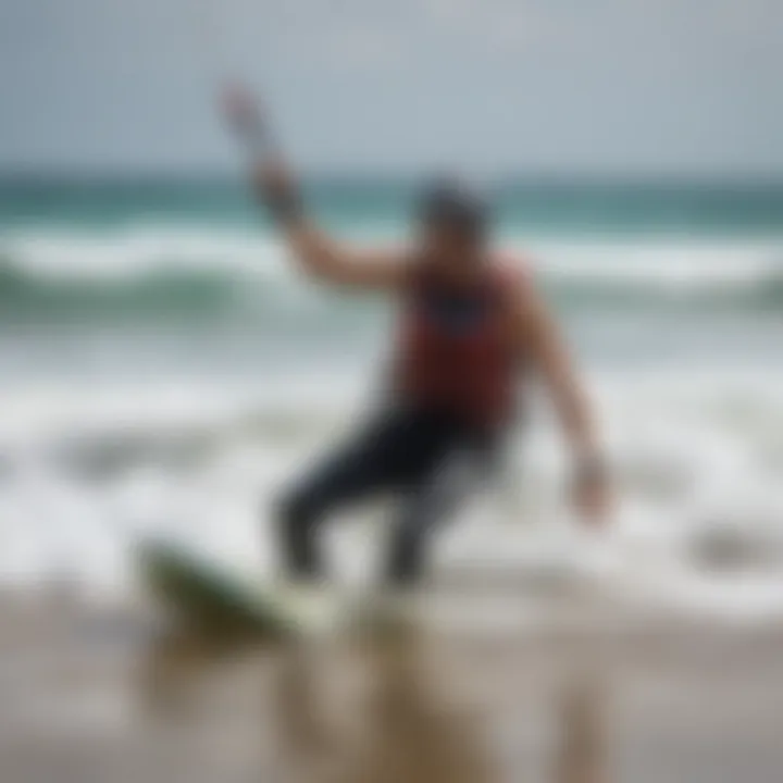 A kiteboarding enthusiast reviewing safety regulations and guidelines on a beach.