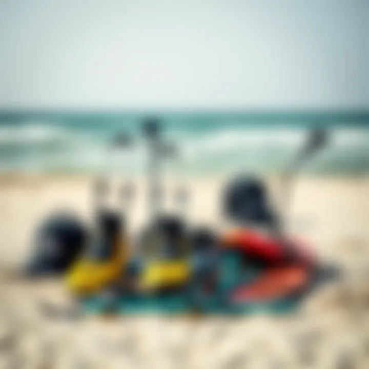 An array of kiteboarding gear set against the backdrop of Isla Blanca's sandy beach Kiteboarding equipment arranged on the beach
