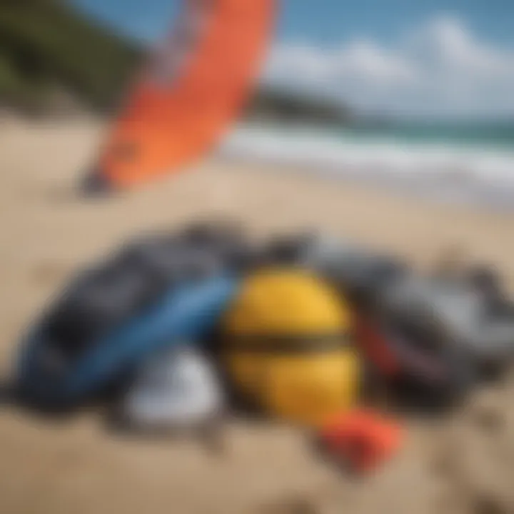 Safety gear and kite sailing equipment laid out on the beach